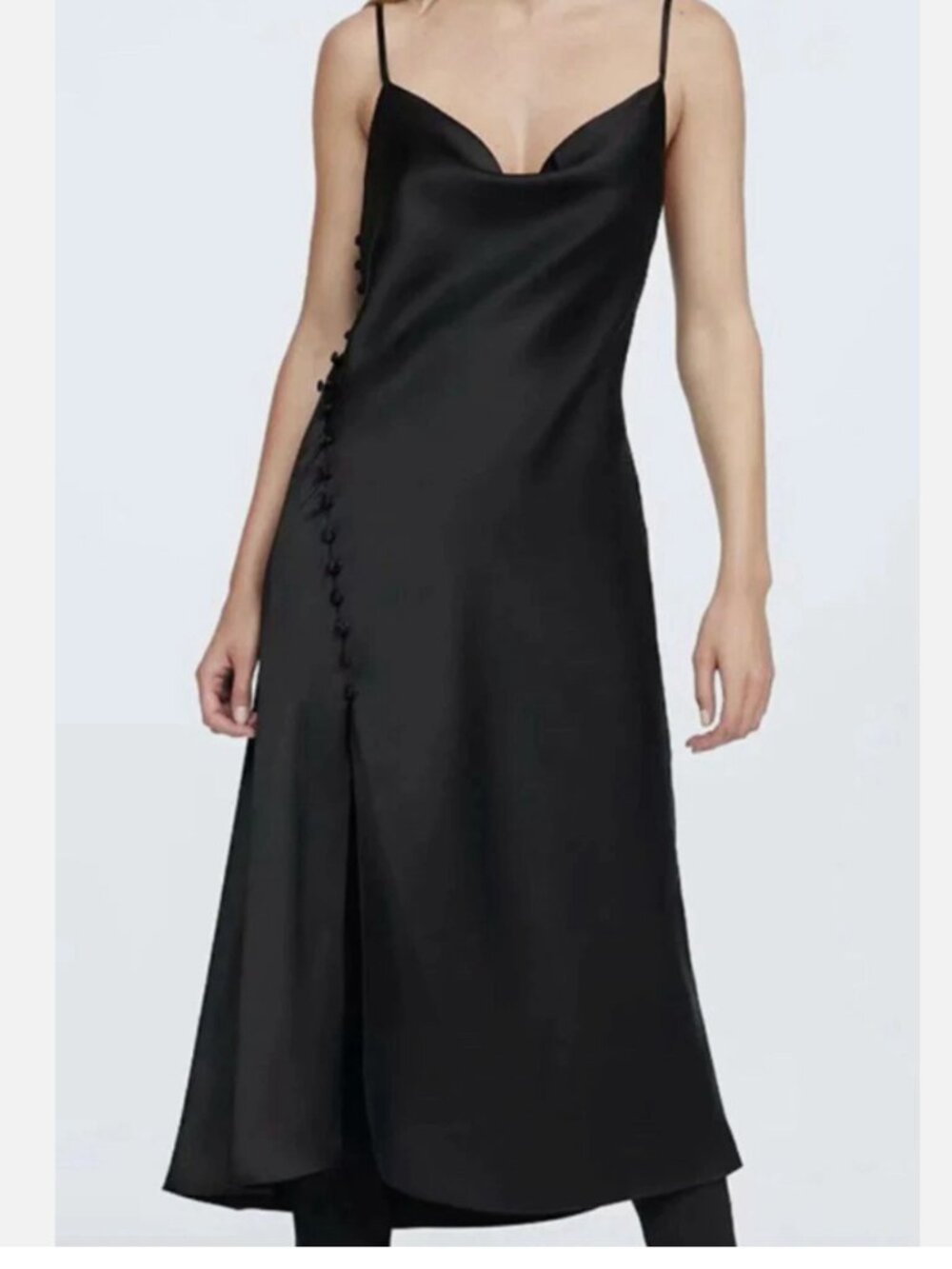 Zara black Satin Slit Leg slip on Midi Dress , button details, size S - NWT